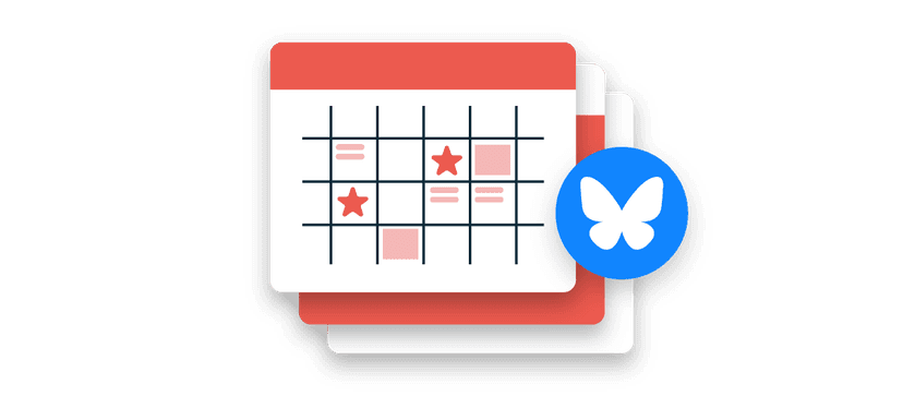 Simple grid calendar layout with red stars and rectangles scattered across cells, overlaid with a blue butterfly icon