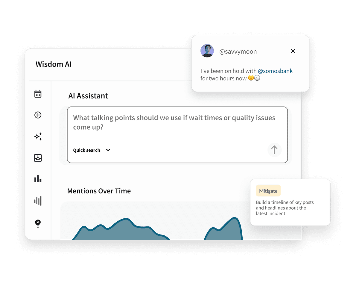 Hootsuite dashboard showing an AI query about talking points, with social media posts and a Mitigate suggestion card.