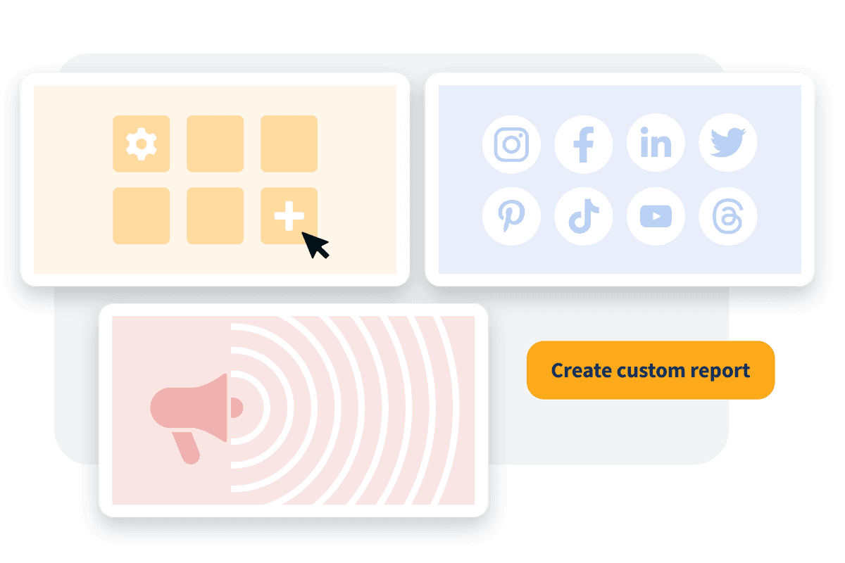 Grid of social media icons including Instagram, Facebook, LinkedIn, Twitter, Pinterest, TikTok, YouTube and Threads with orange button below